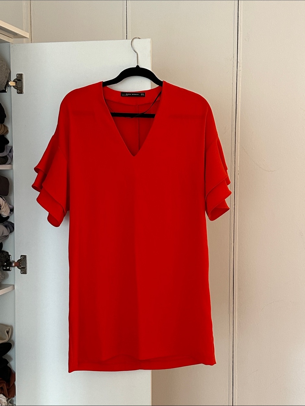 Zara Red V-Neck Tunic with Tiered Ruffle Sleeves